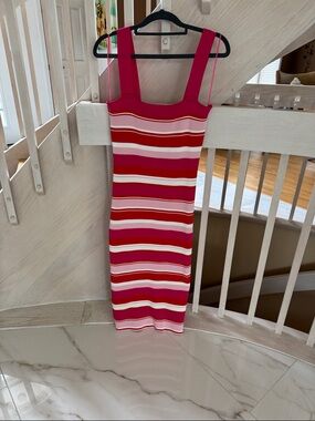 Bardot Pink, White and Red Striped Midi Dress 8M. Bodycon. Worn 1X